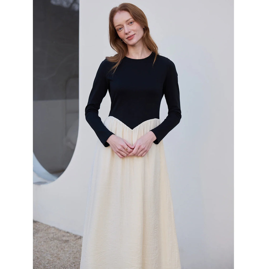 SS2026 Women Crinkle Dress Jersey Top Black Patchwork Apricot Elegant Lady Maxi Dress