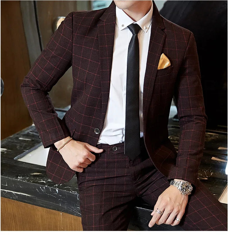 2025 Suit (Blazer+ Pants) Men's Boutique Fashion, Business Gentleman, Slim Fit, Outdoor Wedding, Plaid Trend, Banquet Suit