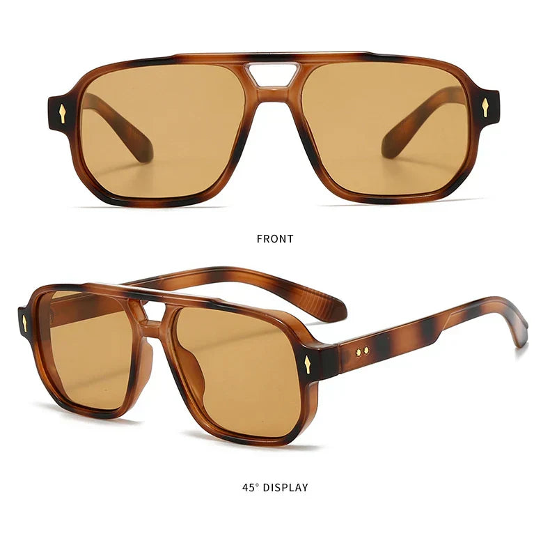 Vintage Double Bridges Men Square Sunglasses Fashion Clear Ocean Lens Eyewear Women Trending Rivets Sun Glasses UV400