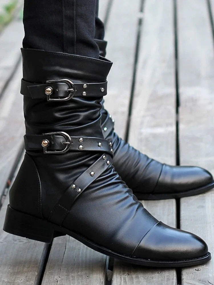Men's Leather High Quality Mid Tube Boots Fashion Classic Autumn Winter Black Punk Rock Shoes Casual Men Womens Plus Size 38--48