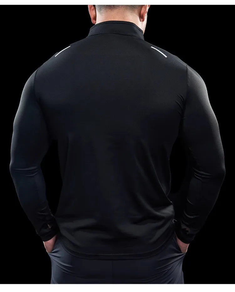 Men Stand Collar Zipper T-shirt Gym Running Training Fitness Bodybuilding Sport Top Quality Elastic Long Sleeve Tight Tops Tees