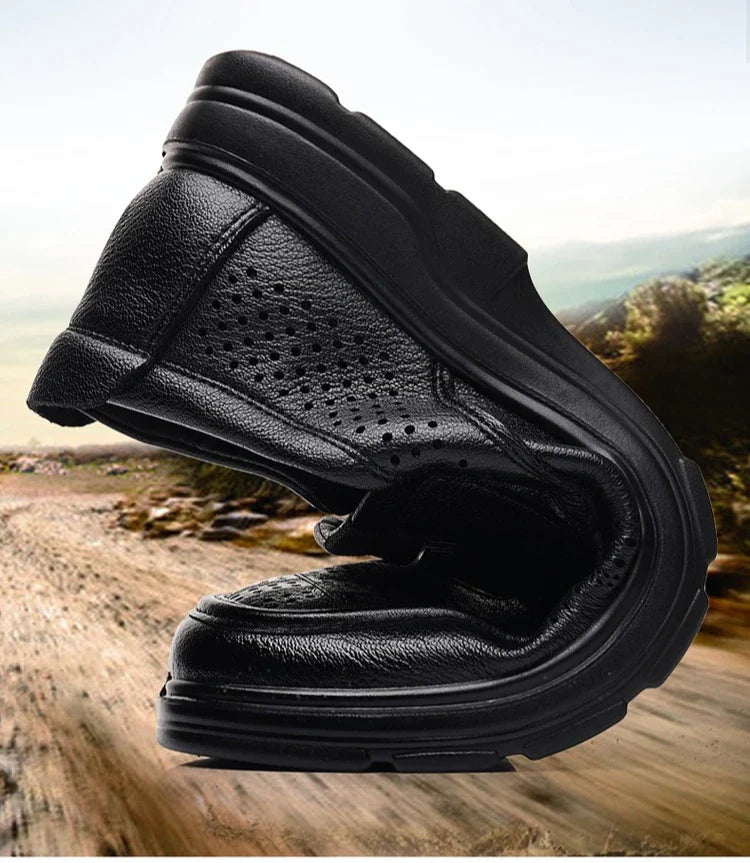 Men's Summer Breathable Leather Loafers Brown Hollow Out Slip-On Shoes Male Thick Sole Comfortable Non-slip Work Shoes for Man