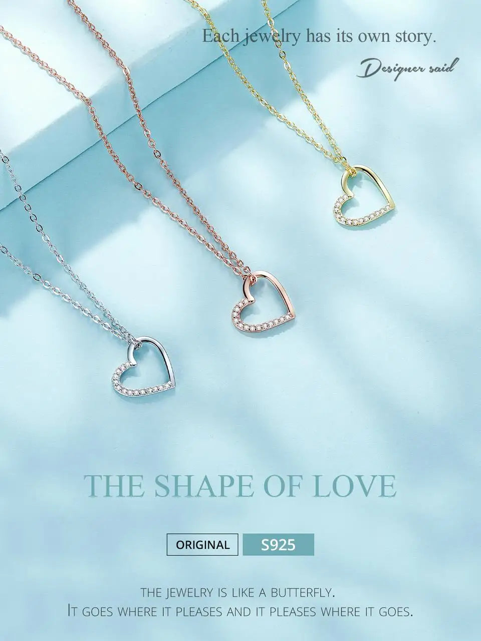 Genuine 925 Sterling Silver The shape of love Chain Necklace for Women, Godl Plated Heart Necklace 3 Color 18.11''