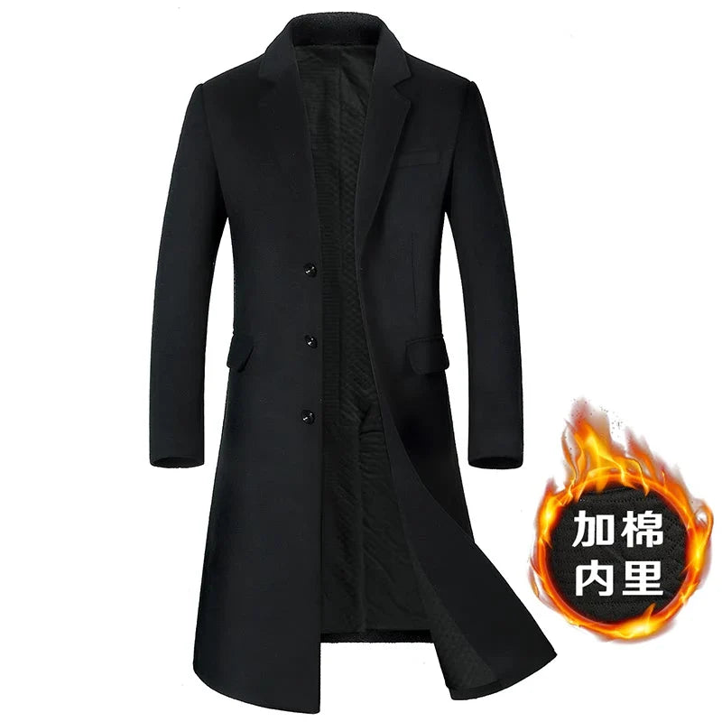 Men's High-Quality Autumn Winter Wool Coat Long Fashion Trench Coat Over-the-Knee Thick Cotton M-4XL