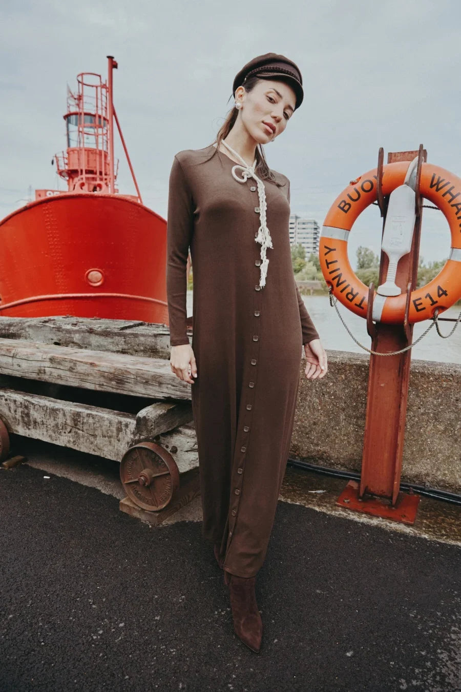 AW25 ribbing maxi dress woman fashion V neck comfortable button dress