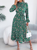 Floral Stand Up Collar Bridesmaid Dress 2026 Spring Summer Elegant Long Sleeve Waist Cinched Pleated Dresses Valentine's Day