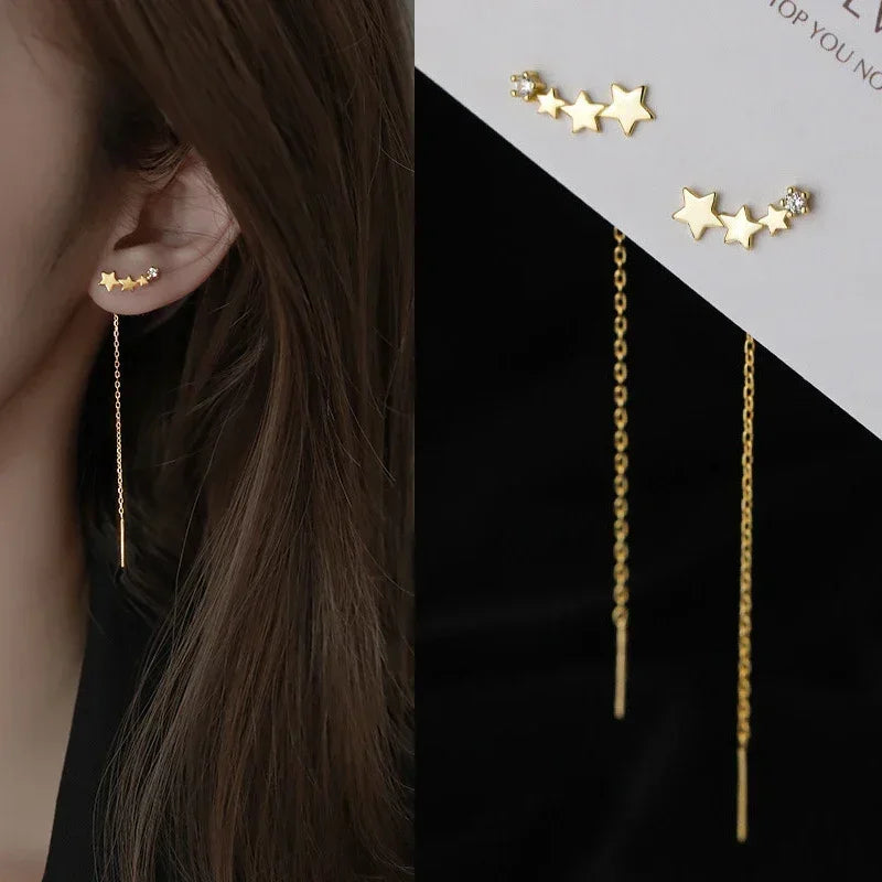 Retro Classic Long Tassel Ear Line Drop Dangle Earring for Women Charm Silver Color Stainless Steel Chain Hanging Earing Jewelry
