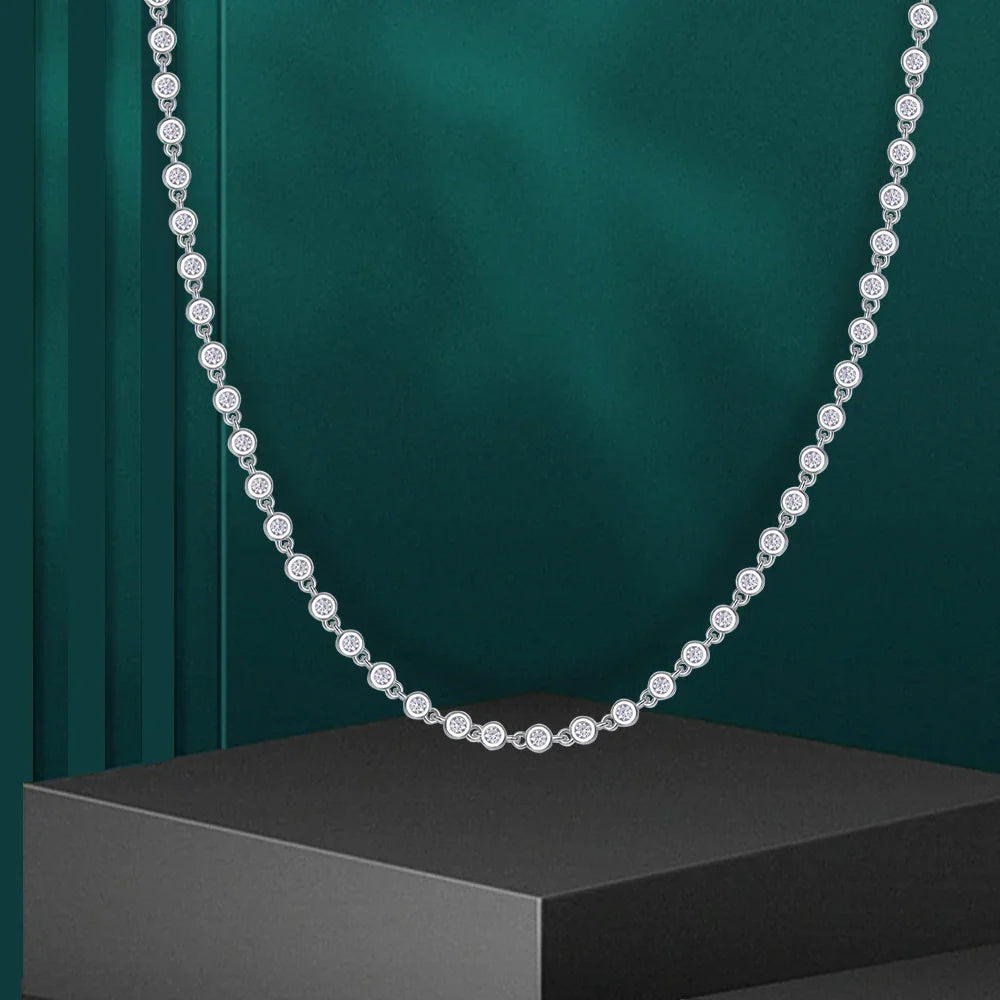 Certified 3mm Round Bezel Moissanite Tennis Necklace for Women 925 Sterling Silver Plated 18k Gold D Color Diamond Neckchain