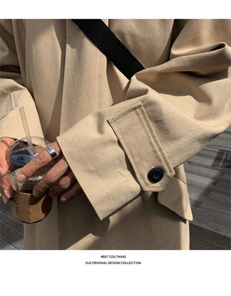 Spring Autumn Long Oversized Black Khaki Trench Coat Men Raglan Sleeve Single Breasted Loose Casual Korean Fashion