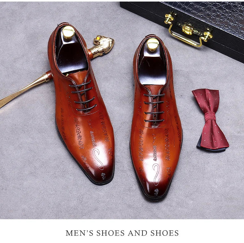 Men's Business Dress Leather Shoes Genuine Leather Shoes Full Cowhide British Laser Engraving Pattern Men's Wedding Shoes 37-46
