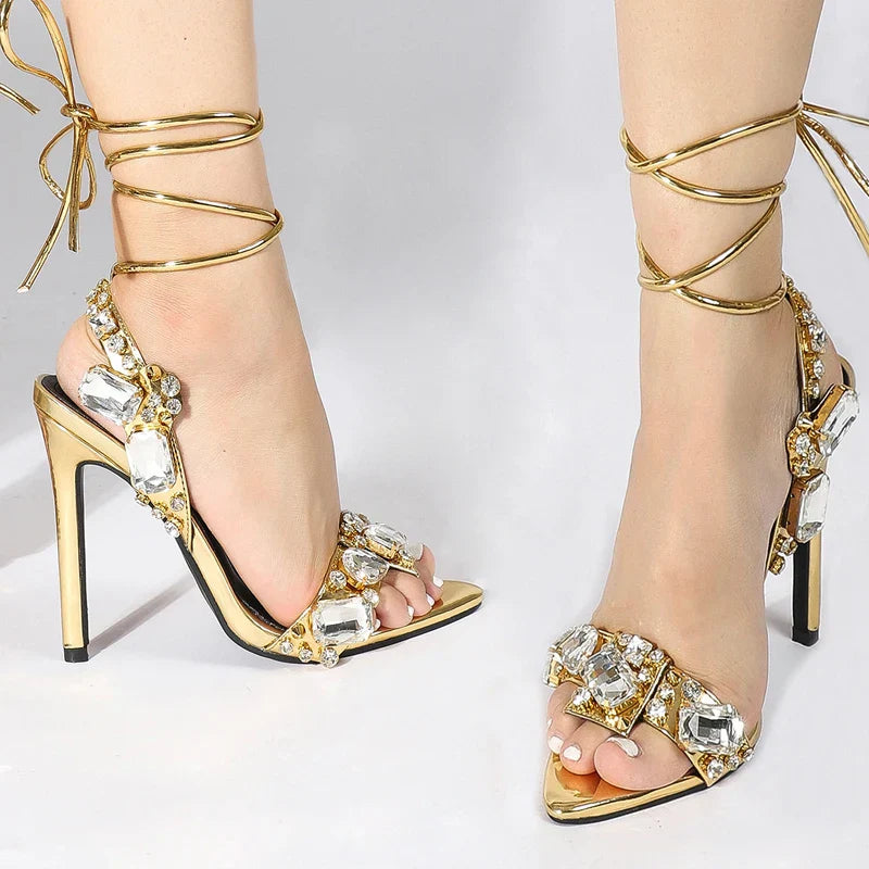 Sexy Gold Sandals Women Crystal Diamond Party Nightclub Stripper Pumps Stiletto High Heels Pointed Toe Banquet Wedding Shoes