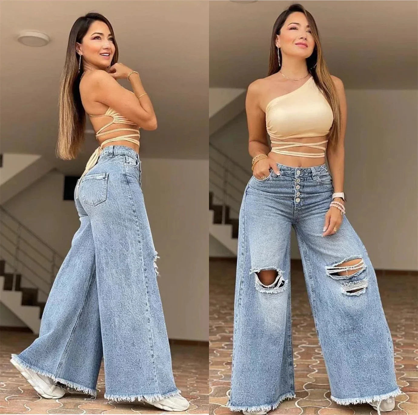 بنطال واسع الساقين بخصر عالٍ وتصميم عتيق ممزق