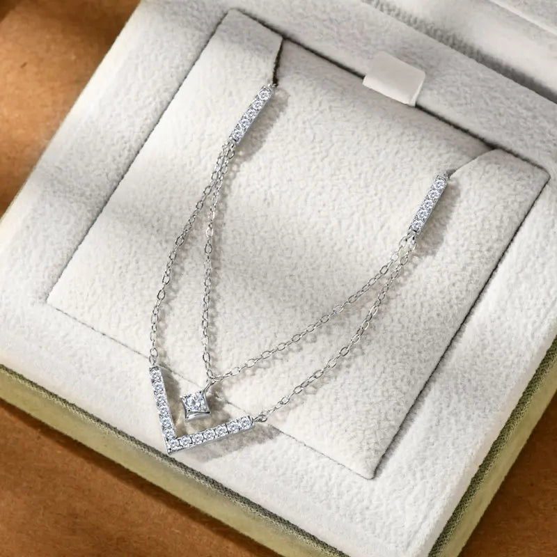 Sparkling 3mm&1.8mm Round Moissanite Necklace 925 Sterling Silver Fashion V-Shape Necklaces for Women Fine Jewelry Gift