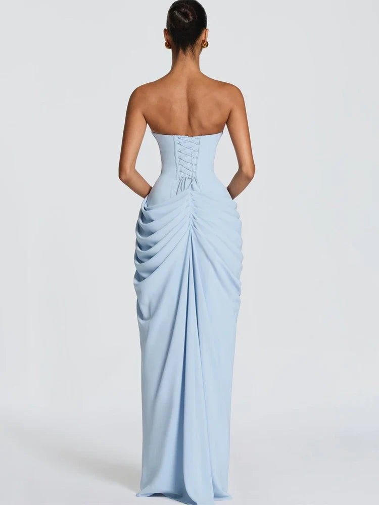 Elegant Solid Pleated Strapless Maxi Dress Yellow Off-shoulder Backless High Waist Split Robe 2026 New Lady Evening Party Gown