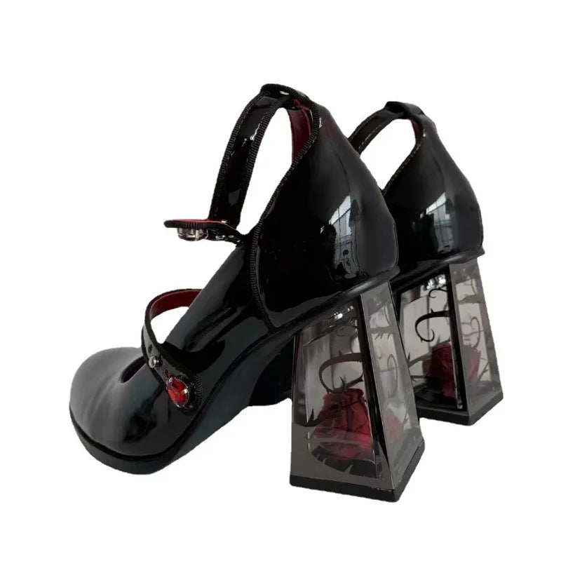 New 2024 Punk Gothic High Heels Pumps Women Rose Heeled Patent Leather Lolita Shoes Woman Y2K Ankle Straps Black Mary Jane Shoes