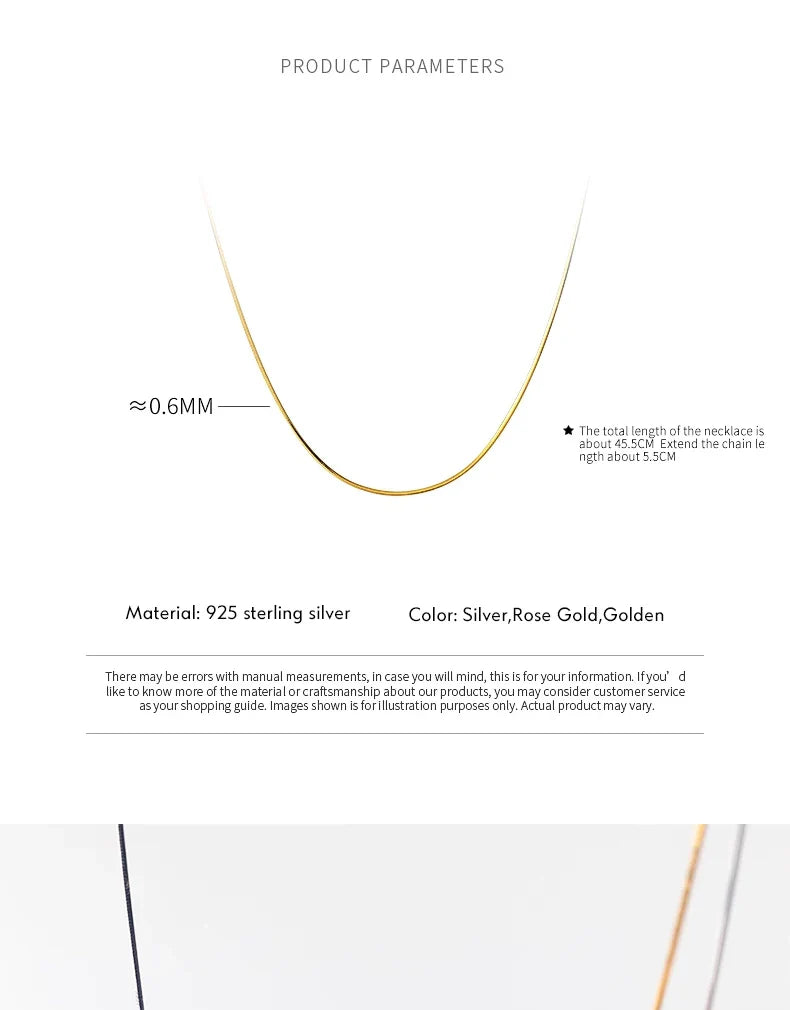 Classic Basic Chain 100% 925 Sterling Silver Lobster Clasp Adjustable Necklace for Women Snake Bone Chain Fine Jewelry