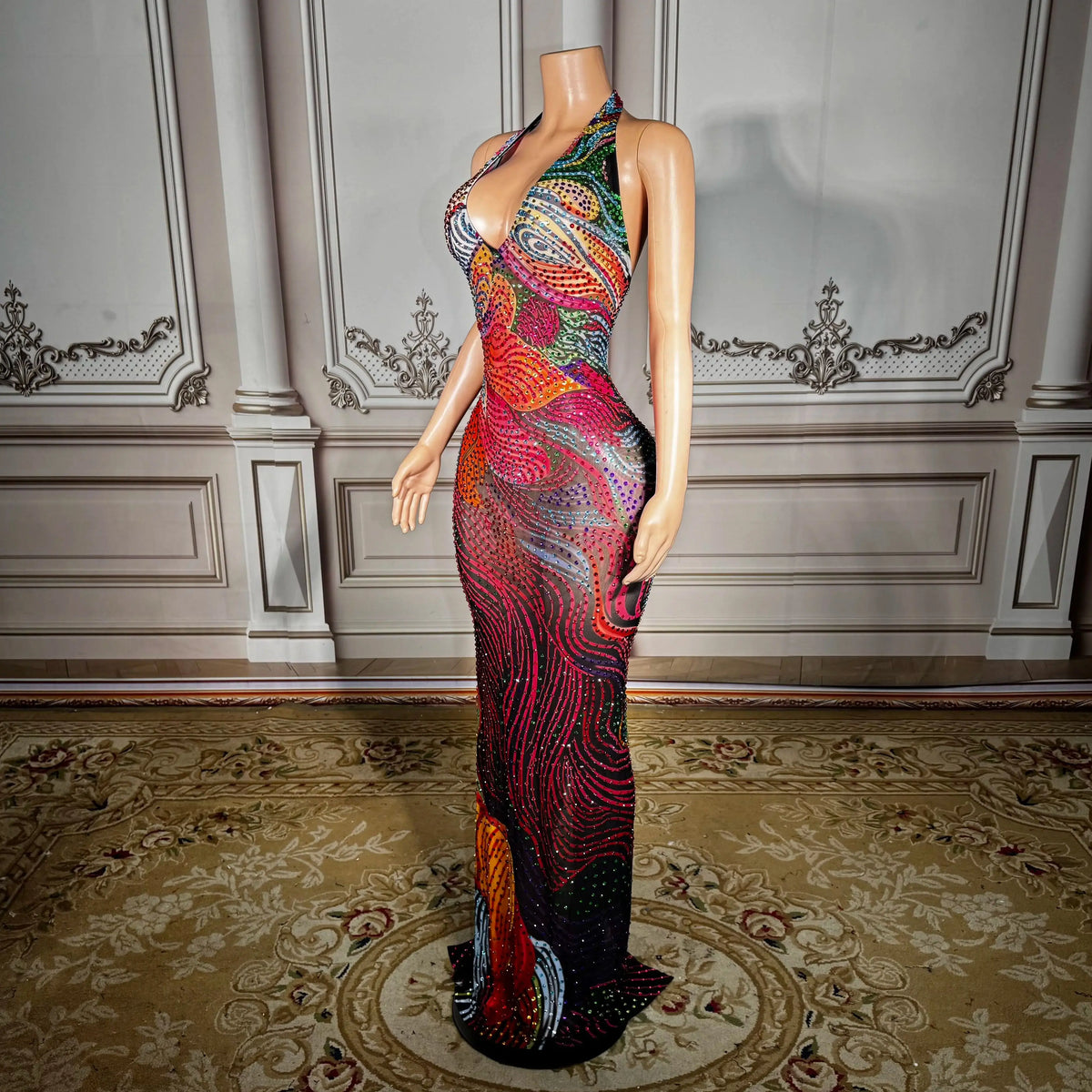 Plus Size Sexy Sheer Mesh Dress with Low Back & Colorful Rhinestones - Glamorous Nightclub & Party Gown for Women