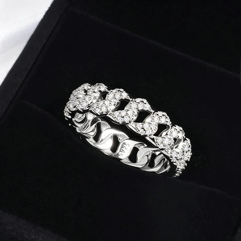 Moissanite Iced Out Cuban Link Rings Pure 925 Silver Bling Hip Hop Chain Ring for Women Men Couple Jewelry D Vvs1 Band
