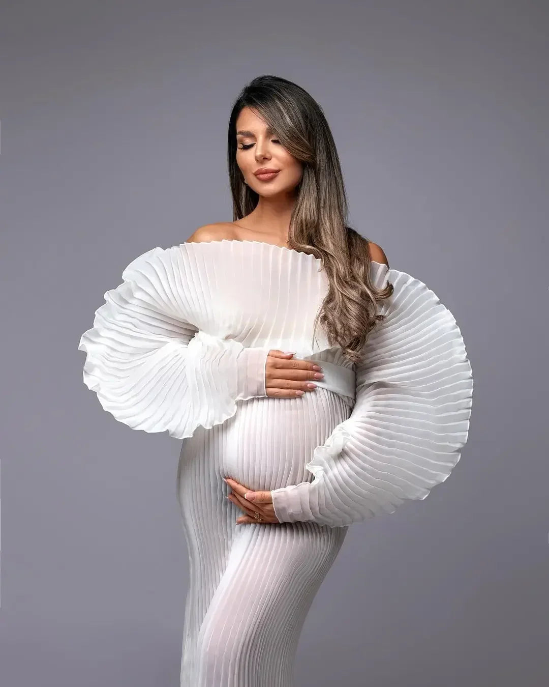 White Pleated Maternity Photoshoot Dress