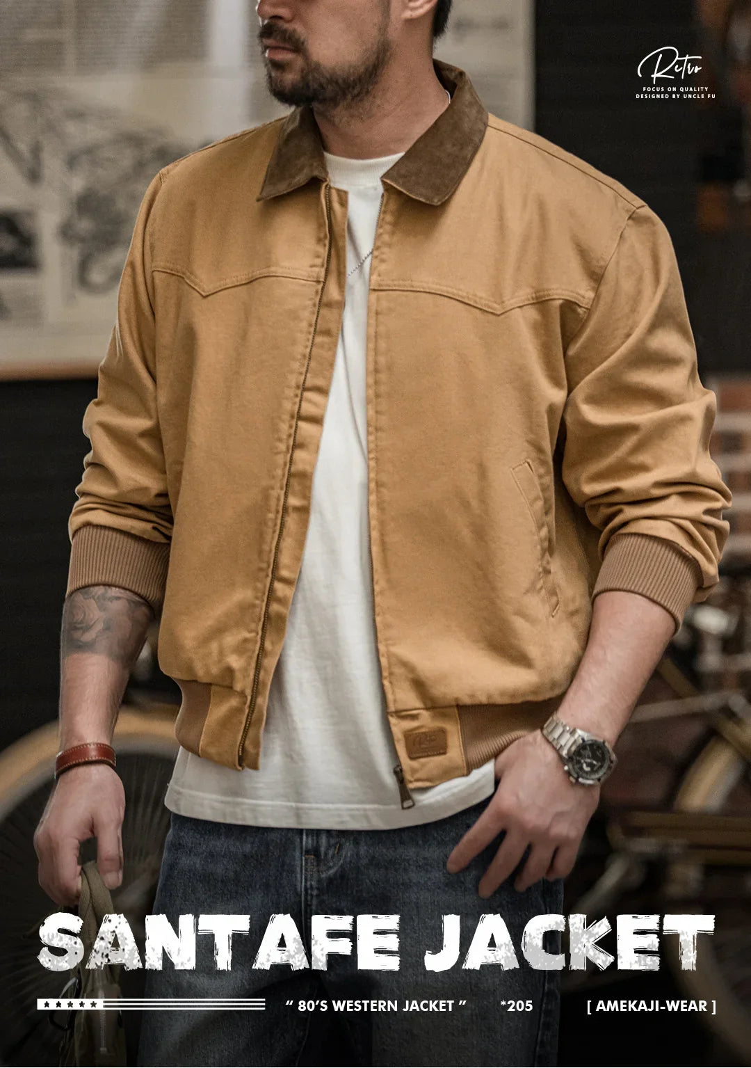 Retro Heavyweight Santafe Canvas Jackets Cotton Corduroy Lapel Ribbed Hem Cuffs Short Jacket for Men's Autumn Overcoat