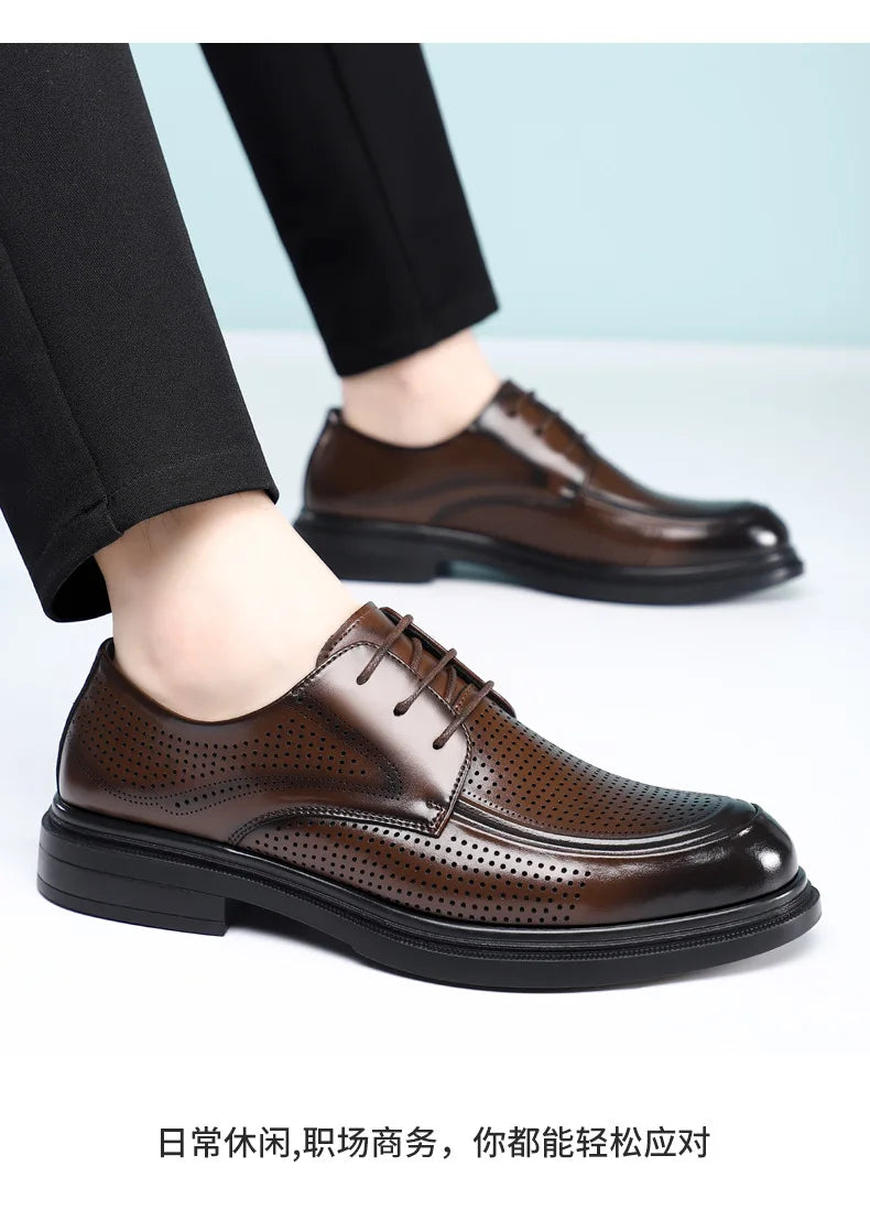 New Lace Designer Derby Shoes for Man Hallow Breathable Business Casual Leather Shoes Male Summer Autumn Fashion Dress Shoe Man