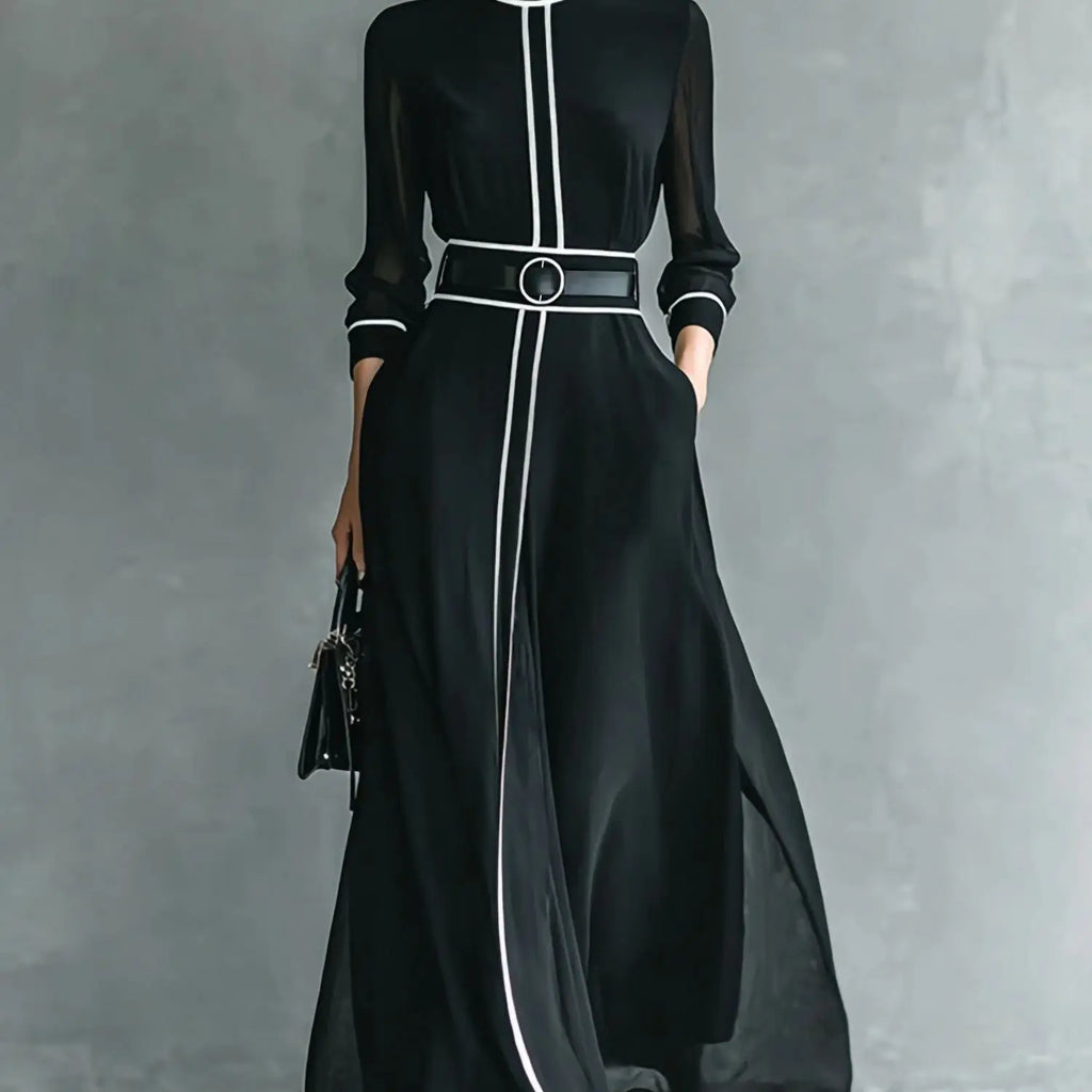 French Elegant Chiffon Maxi Dress, High Neck Long Sleeve with White Piping Trim, Ideal for Office, Business, Banquets & Parties