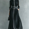 French Elegant Chiffon Maxi Dress, High Neck Long Sleeve with White Piping Trim, Ideal for Office, Business, Banquets & Parties