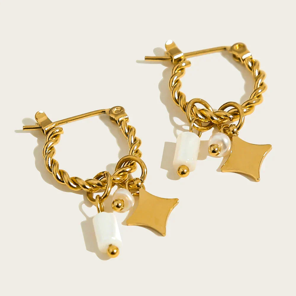 18K Gold Plated Stainless Steel Hoop Earrings for Women Vintage Green Natural Stone Charms Trendy Waterproof Jewelry
