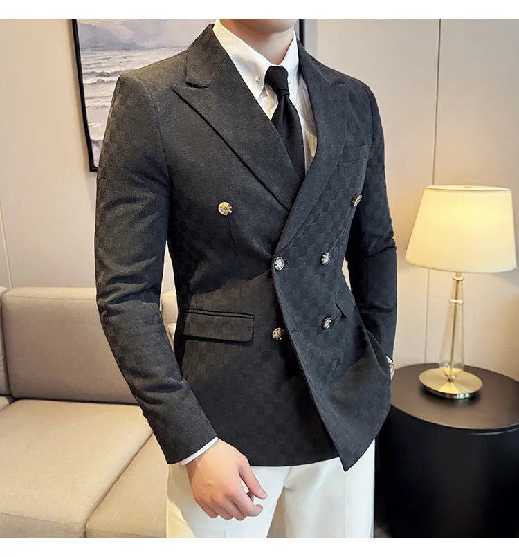 6 Color Luxury Double Breasted Blazers Coats 2024 New Fashion Checkered Business Slim Fit Social   Formal Suit Jacket 5XL-M
