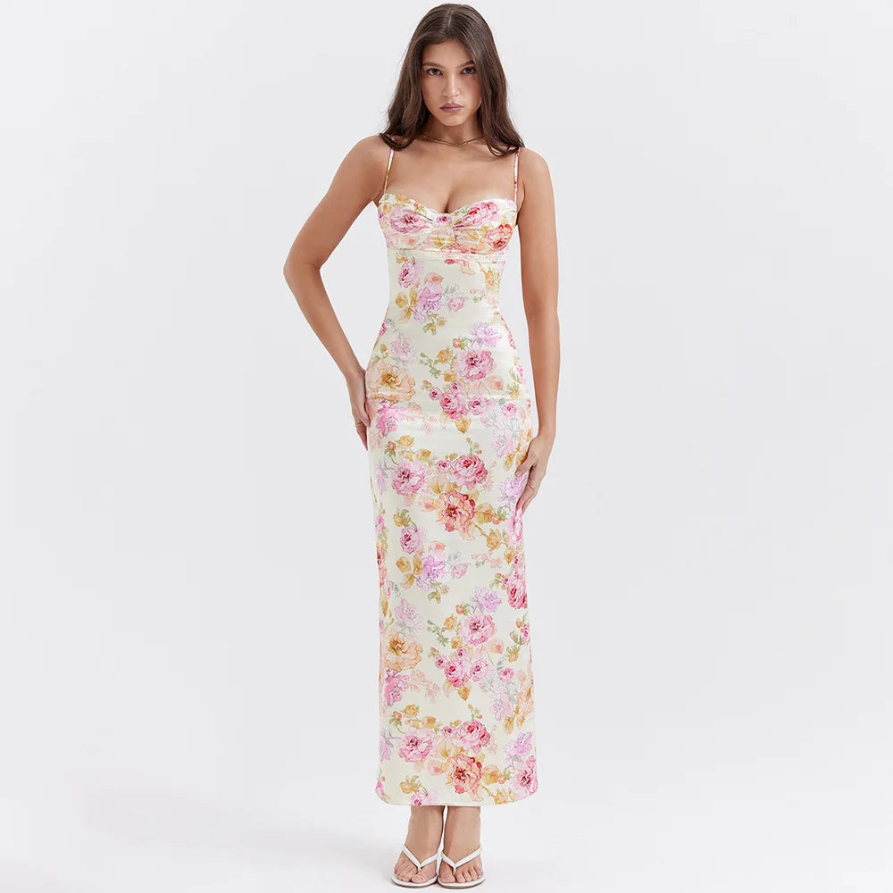 Summer Spaghetti Strap Floral Print Party Dresses Elegant Maxi Bodycon Wedding Guest Holiday Dress New In Dress 2023