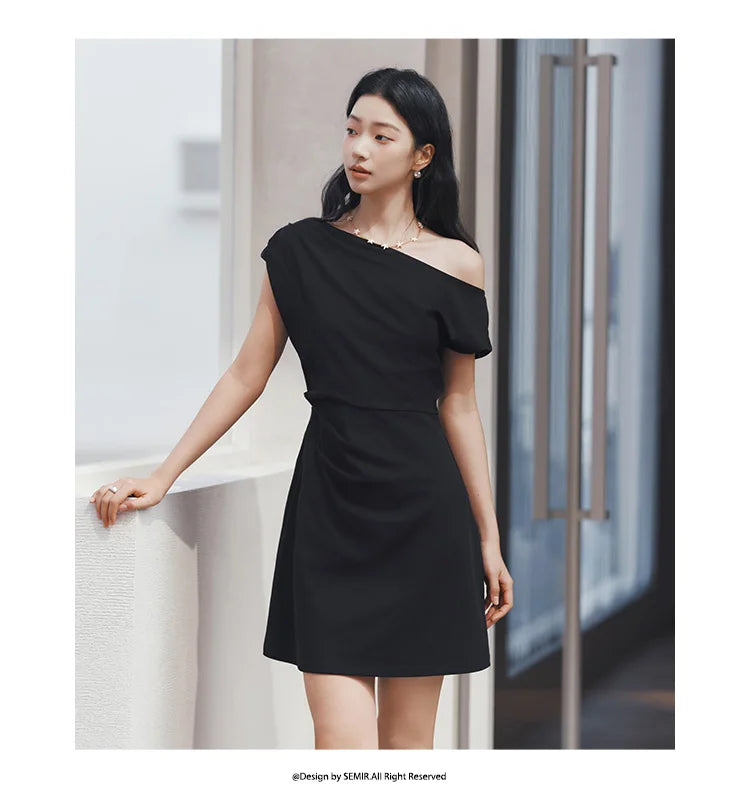 Women Dress One Shoulder Oblique Neck Waist Pleated Solid Cool Feeling Mini 2026 Summer Minimalist Temperament Fashion Top