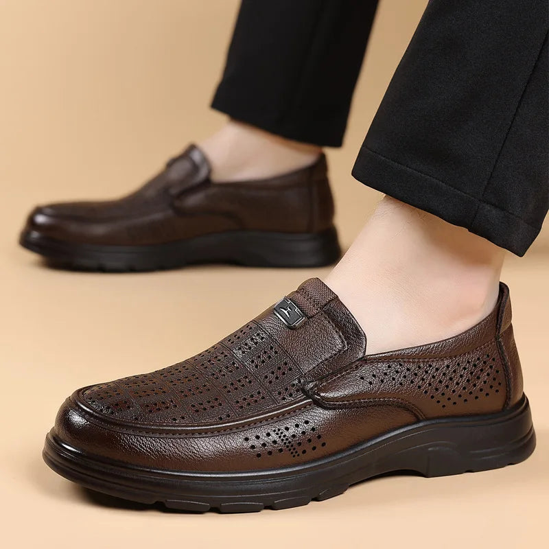 Men's Summer Breathable Leather Loafers Brown Hollow Out Slip-On Shoes Male Thick Sole Comfortable Non-slip Work Shoes for Man