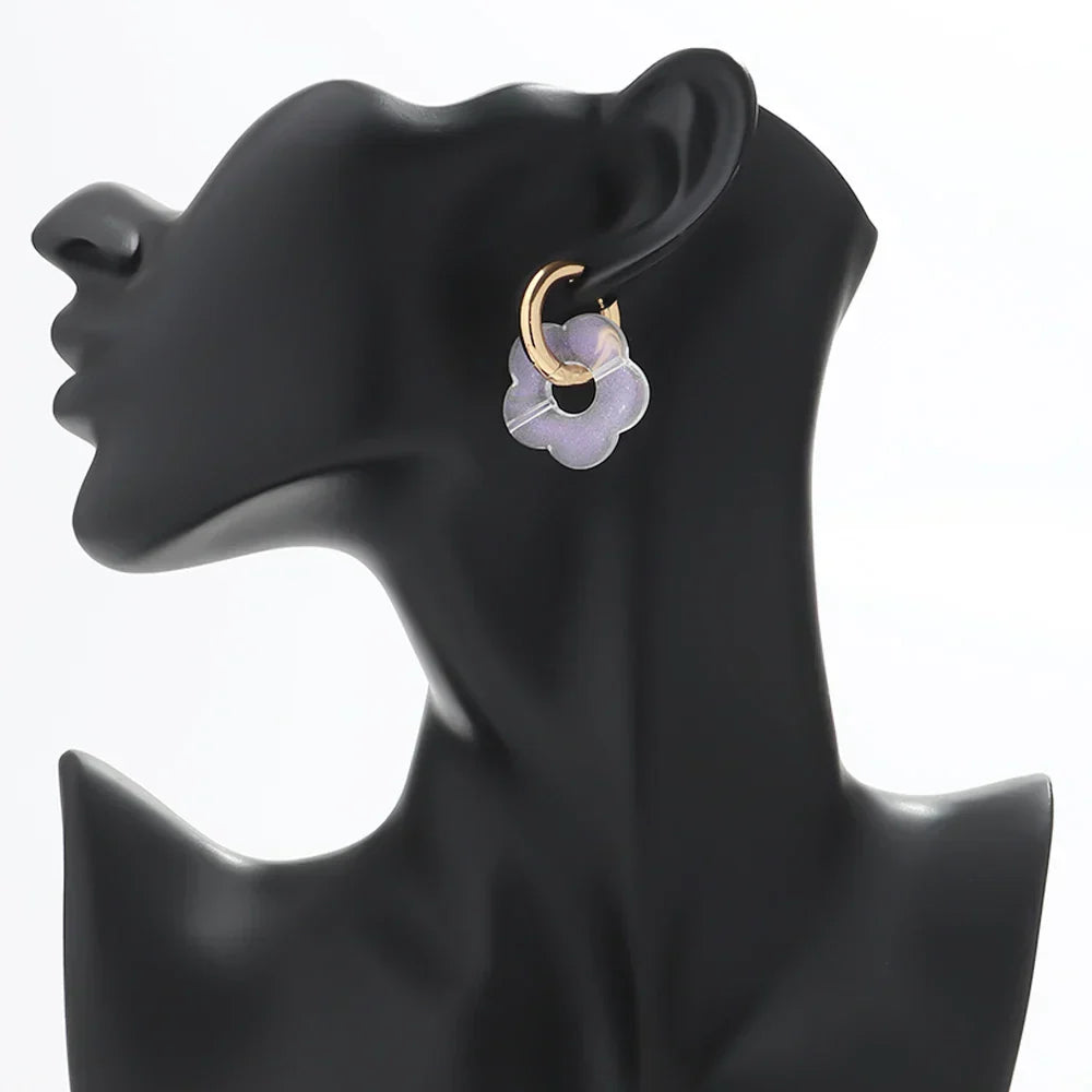 Colorful Flower Resin Acrylic Charms Earring Gold Color Circle Ear Buckle Hoop Earrings Fashion Jewelry for Women