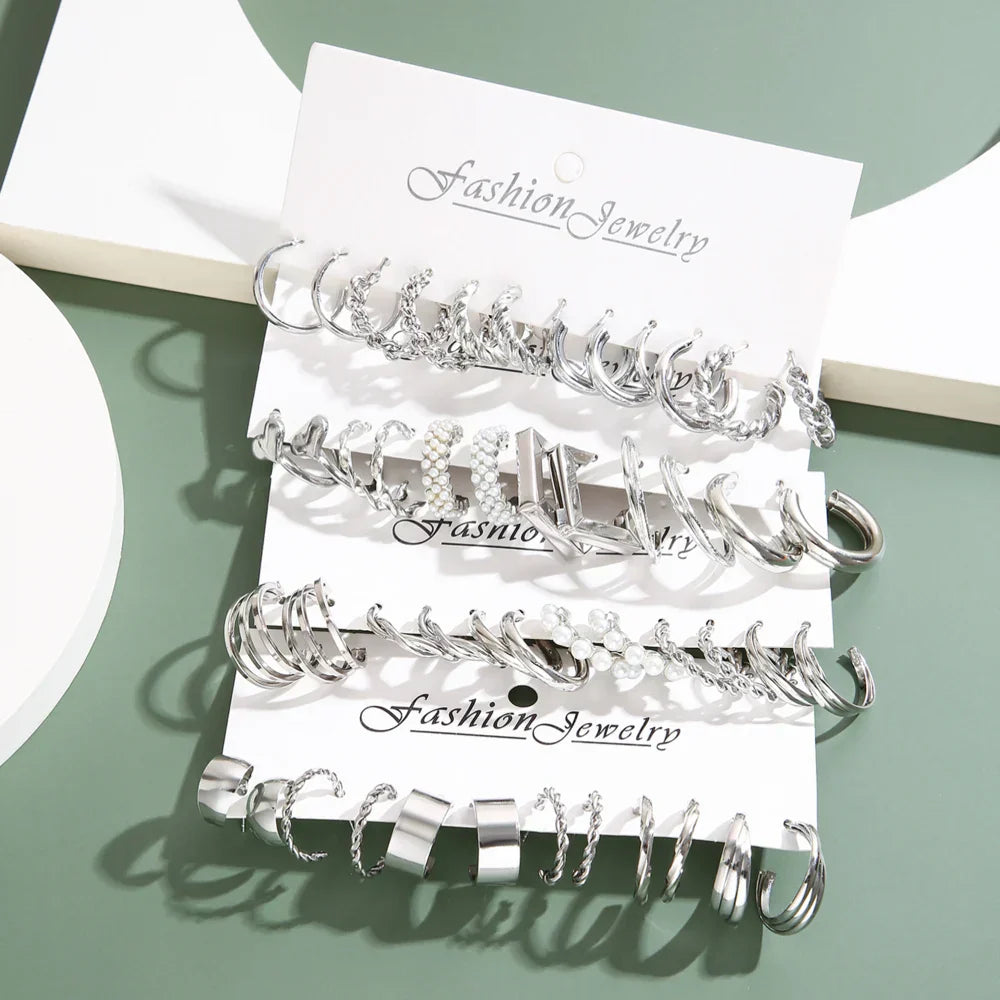 24 Pairs Silver Color Pearl Twist Hoop Earrings Set Metal Heart Dangle Earrings Vintage Circle Geometric for Women Girls Jewelry