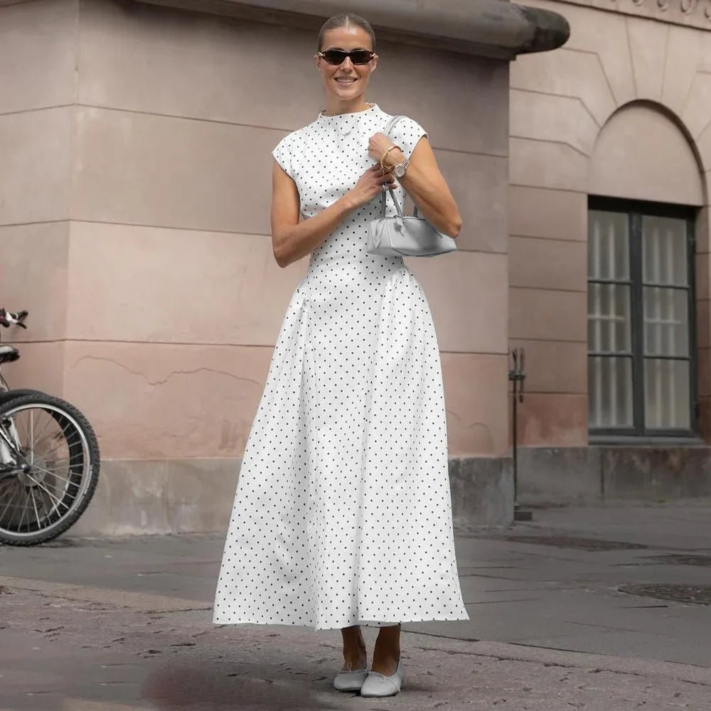 White Polka Dot Long Dress Summer Sexy High-Waisted Vintage Print Sleeveless Dress Casual Party Vacation New Women Dress