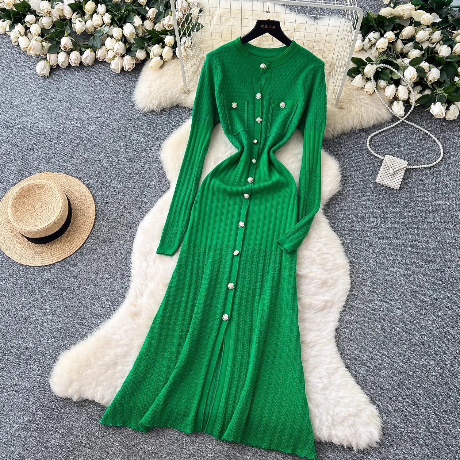 Brand Fashion Aesthetic Patchwork Knitted Maxi Dress Autumn Winter Women Luxury Shirt Sweater Dress Office Lady Vestido
