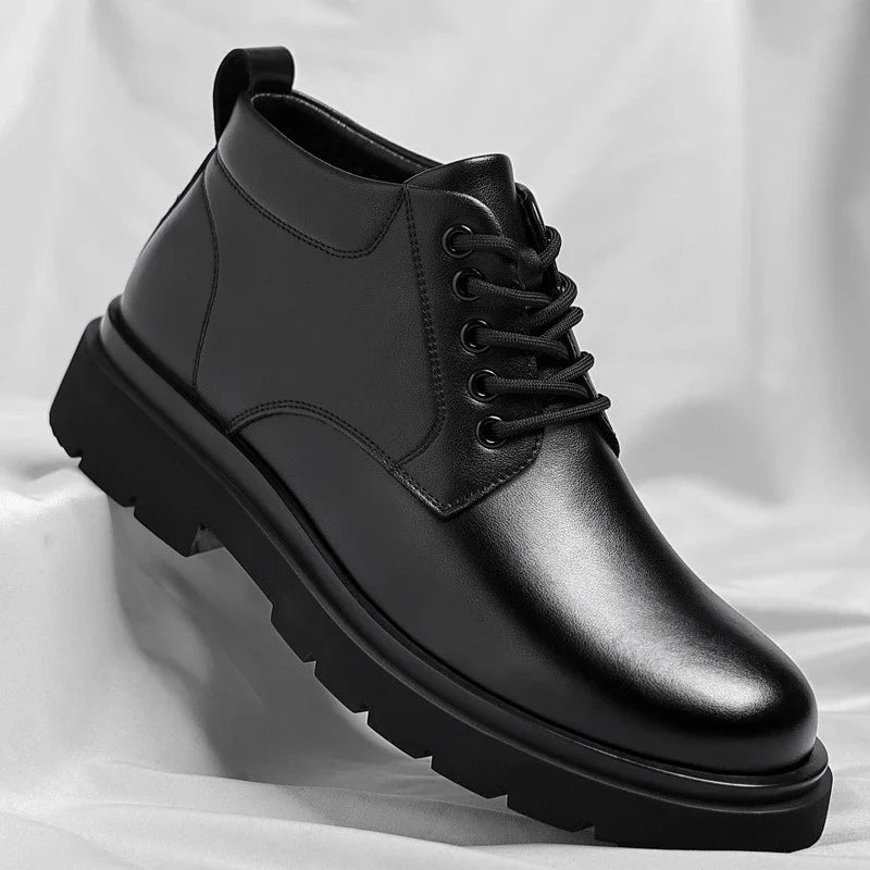 Mens Black Leather Lace Up Mid Top Boots Winter Warm Formal Business Office Wedding Shoes Black Work Boots Fashionable Dad Shoes