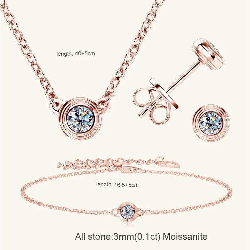 3mm 0.1ct Moissanite Diamond Necklace Bracelet Stud Earring For Women Simple Single Stone Earrings Bracelets Jewelry Set