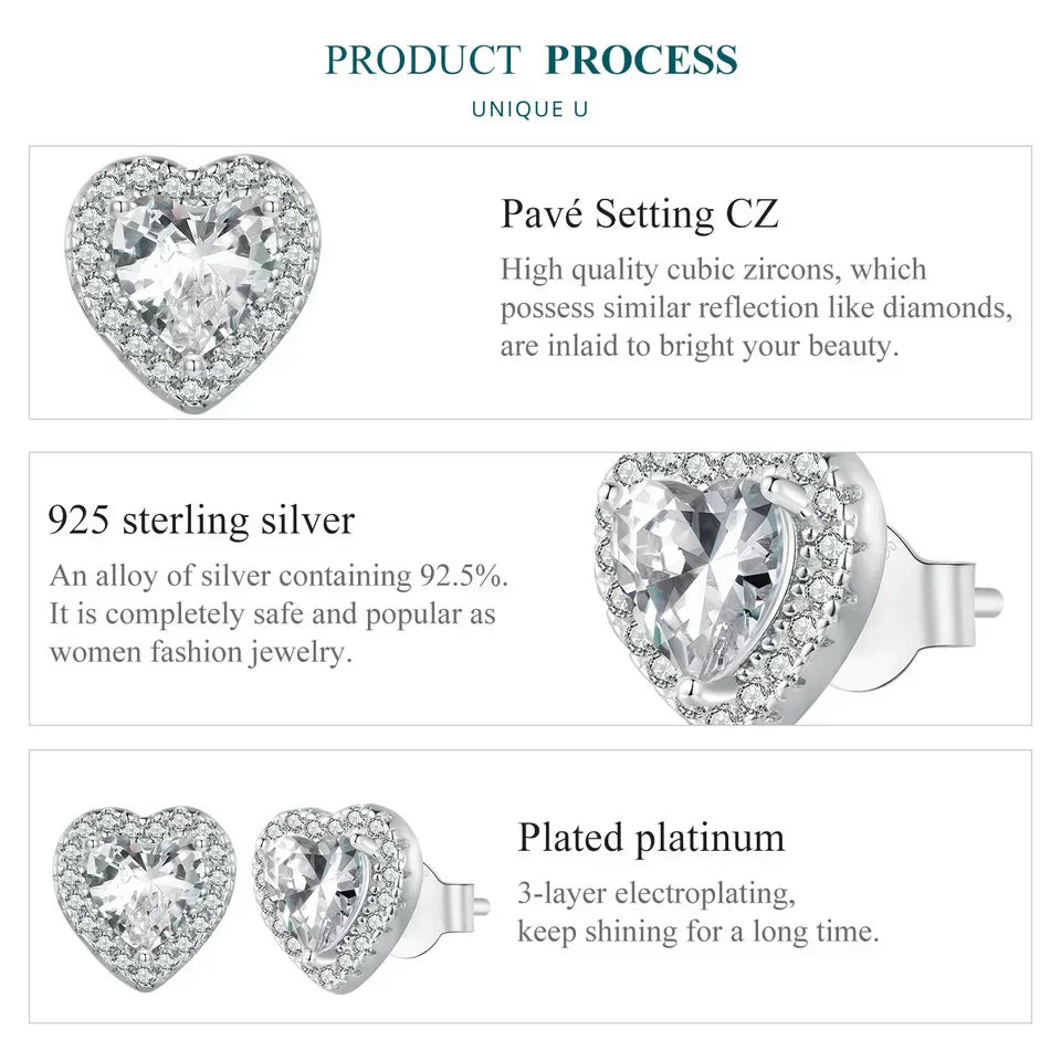 Gold Plated Halo CZ Stud Earrings 925 Sterling Silver Hypoallergenic Classic Elegant Heart Earrings Jewellry BSE894