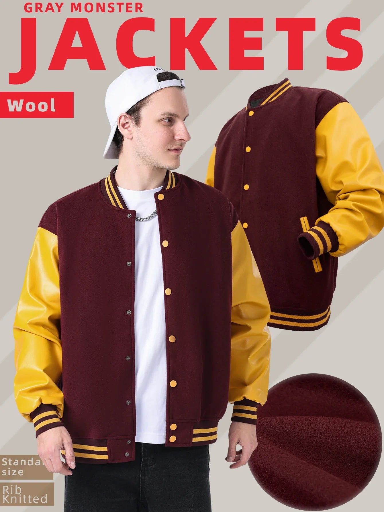 Men's Classic Varsity Jacket with Faux Leather Sleeves Letterman Style Baseball Coat Color-Block Lightweight Men's