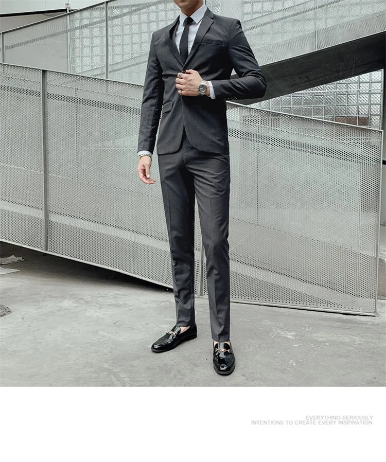 Solid Color Suit Men's Fashionable Gentleman Business Banquet Korean-style Formal Dress Casual Wedding (Blazer+Vest+Trousers)