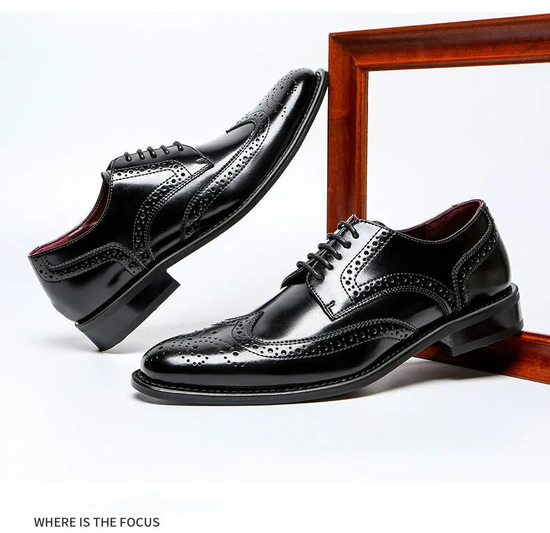 Top Quality Hard Cow Leather Pattern Men Formal Wedding Dress Shoes Pointed Toe Gentleman Men Brogues Oxfords New Spring