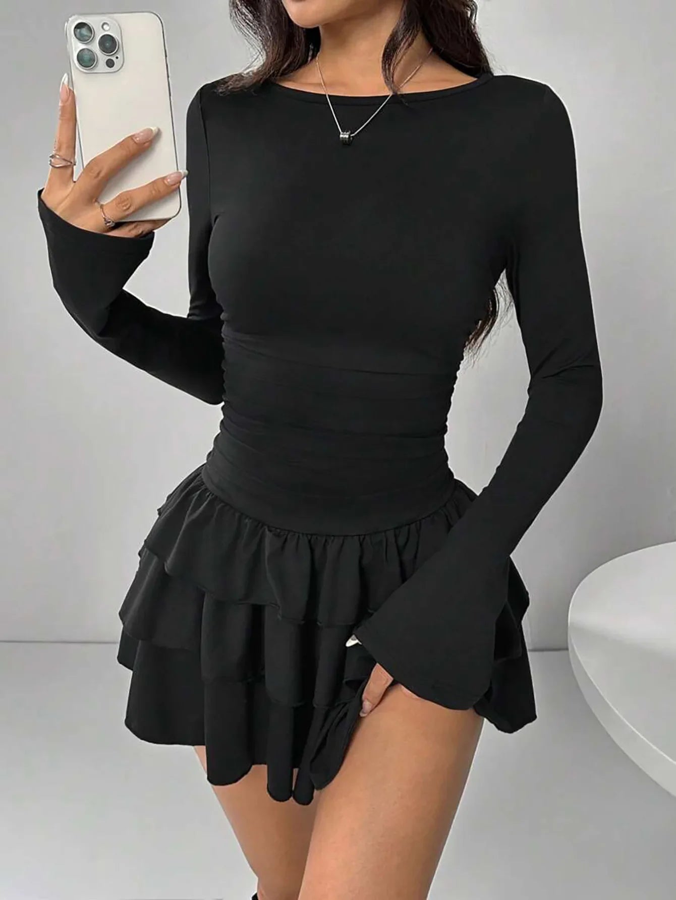 Autumn Winter Solid Color Slim Fit Cascading Ruffles Mini Dress Women Elegant Flare Sleeve High Waist Sexy Party Bodycon Dresses