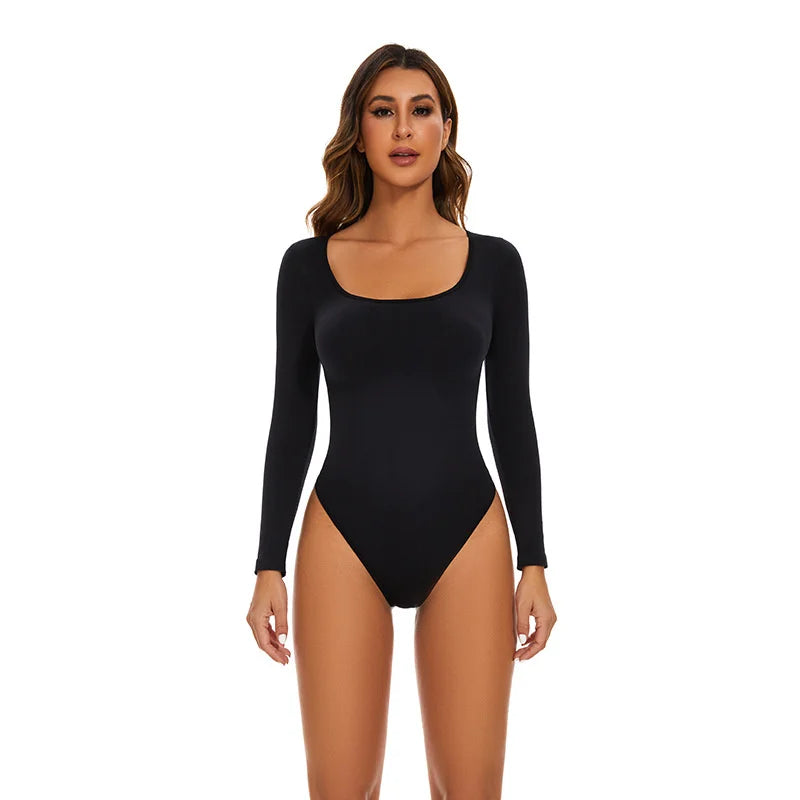 GUUDIA Open Crotch Big U Neck Seamless Bodysuit Long Sleeve Spandex Elastic Body Suit Shapewear Tummy Control Waist Shapers