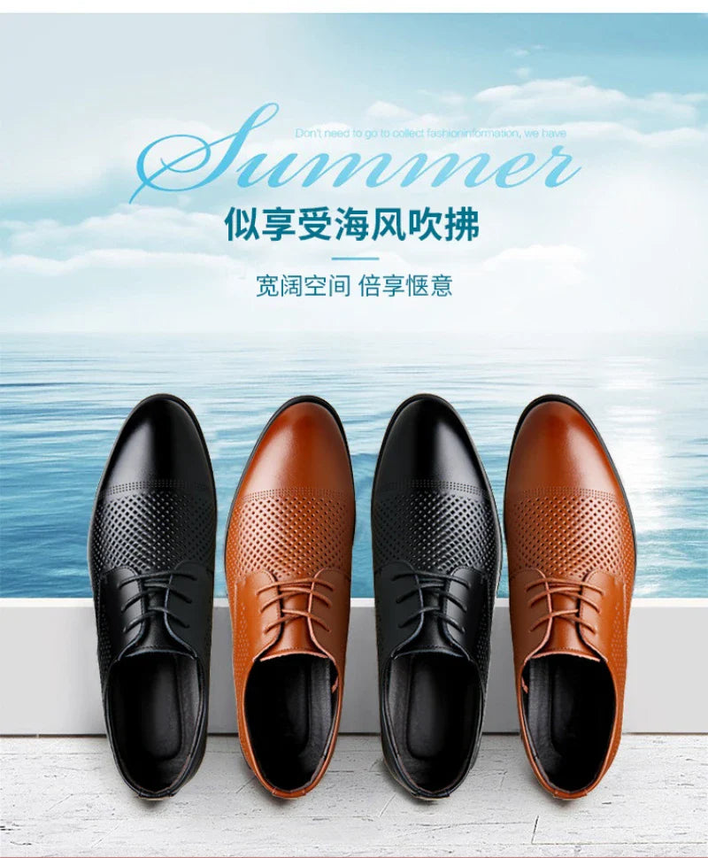 Mens Black Genuine Leather Perforated Cap Toe Lace Up Formal Business Oxford Shoes Breathable Summer Office Casual Dress Shoes