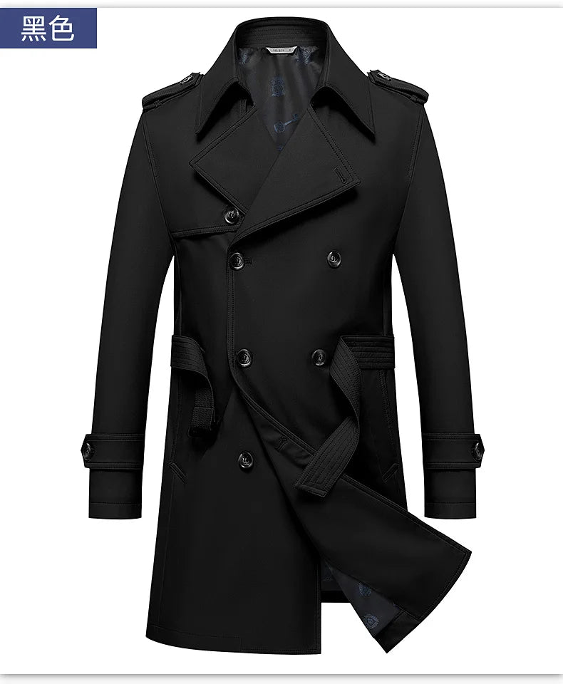 2024 Autumn New Men's Medium to Long Fashion Windbreaker Coat High Quality Double breasted British style Coat Series Belt Coat