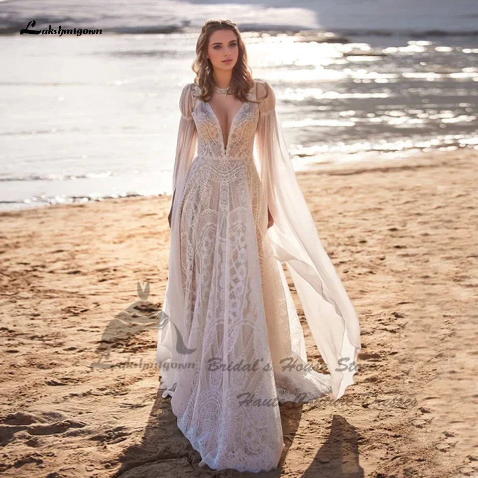 Vintag Boho Beach Wedding Dresses Detachable Lace Cape 2025 Vestidos Sexy Champagne Bridal Gowns Deep Customized