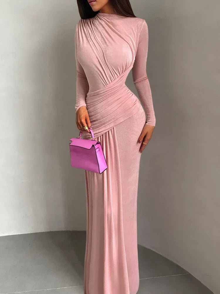 Nibber Folds Maxi Dress Women o-Neck Full Sleeve Solid Banquet Elegant Vacation Fashion Autumn Skinny Casual Simple Vestidos