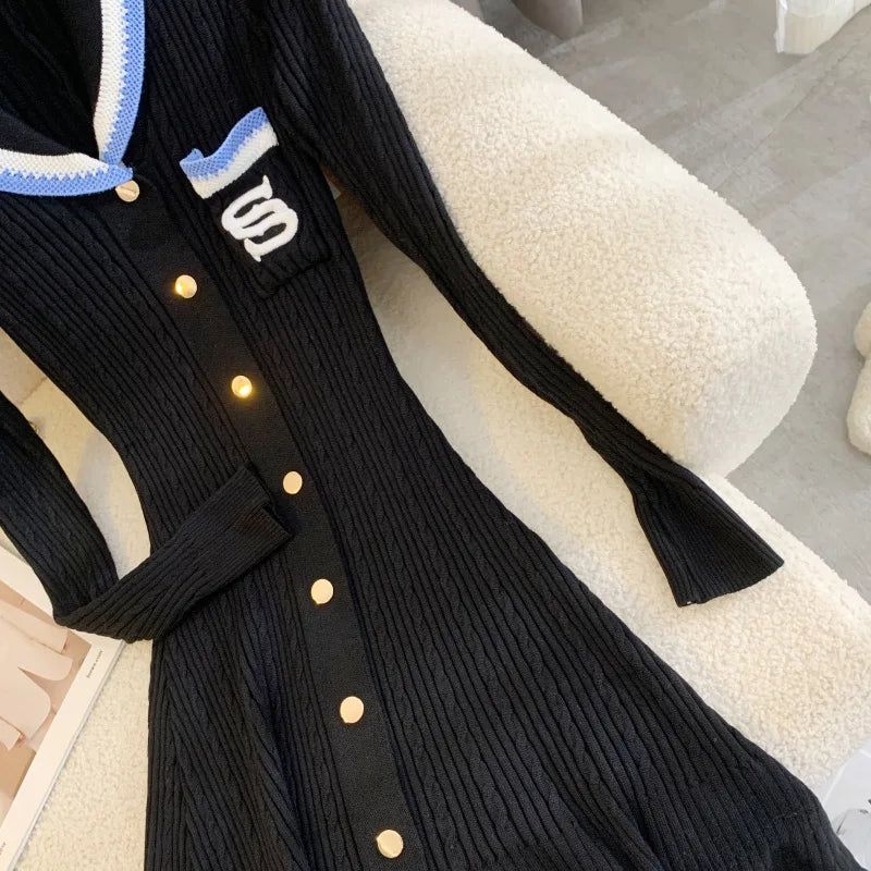 Elegant Embroidery Letter Knitted Maxi Dress Autumn Winter Brand Fashion Lady Notched Black Sweater Dress Office Robes