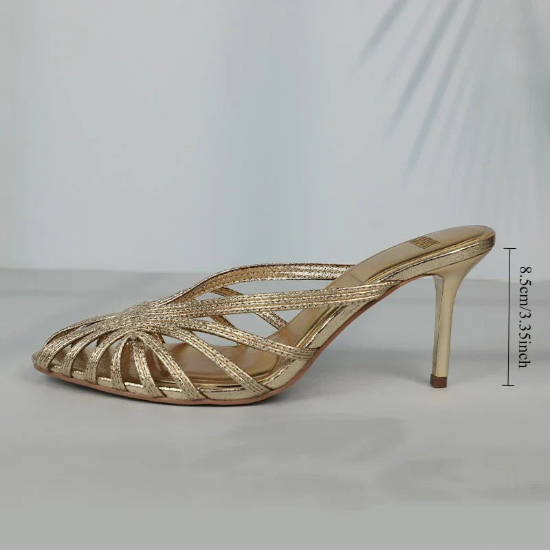 New Gold Hollow Thin Strip Heels for Women Luxury Pointed Toe Heeled Pumps Office Lady Mules Summer Stiletto Shoe Sandals 2025